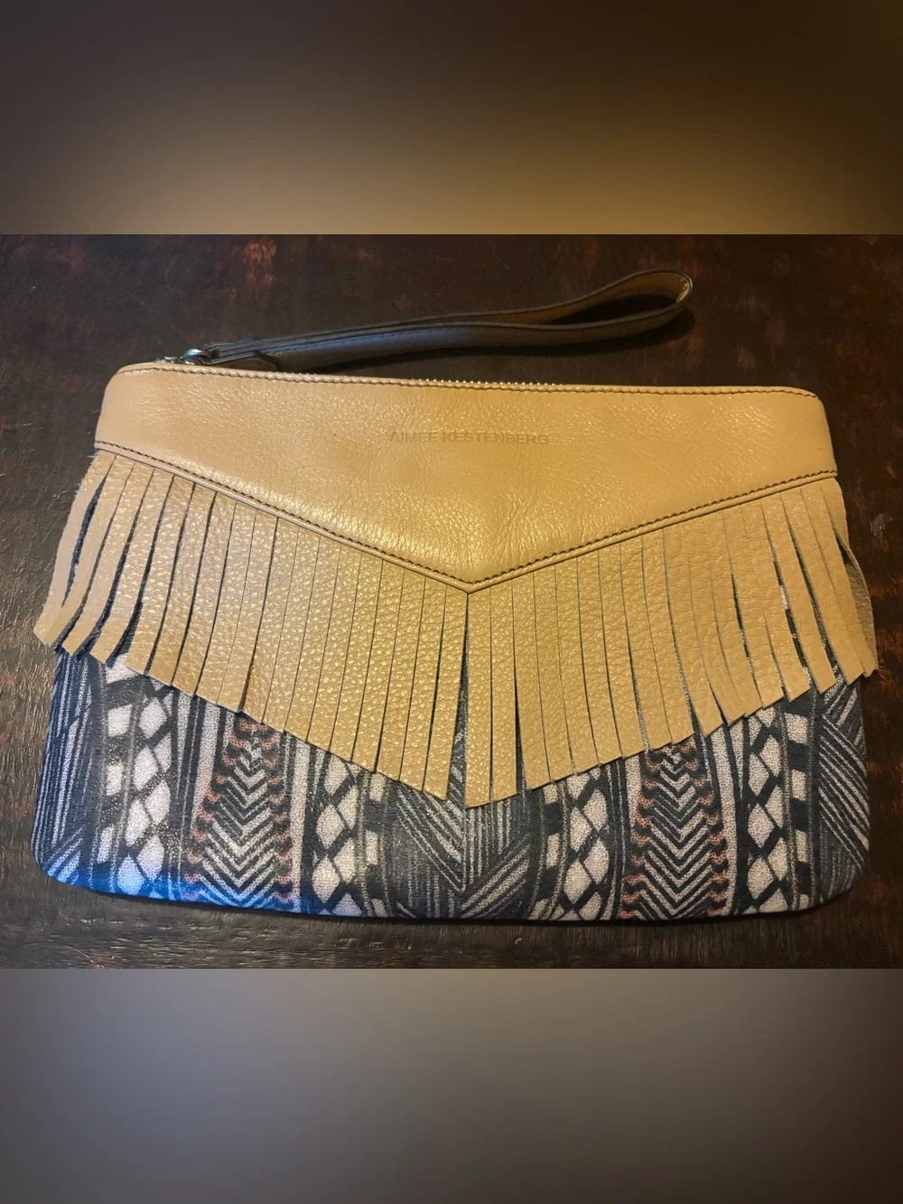 Aimee Kestenberg Tan Fringe Patterned Wristlet Clutch